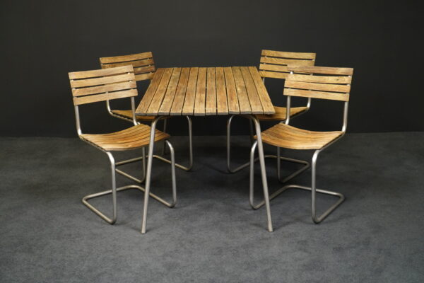 Thonet 5er Set Esstisch + 4 Besucherstühle Holz / gebürsteter Stahl