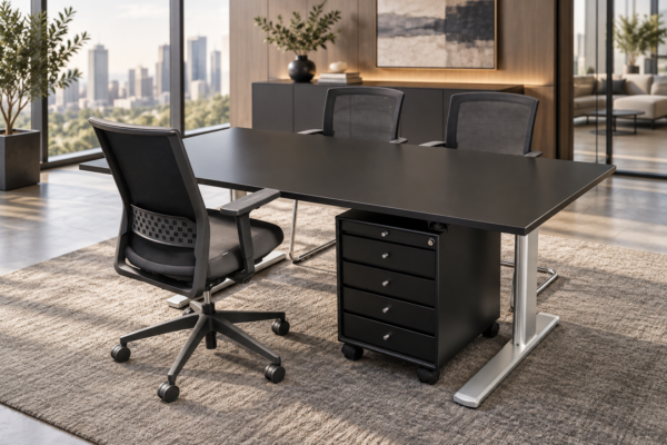 Arbeitsplatz aus Actiforce Schreibtisch, Actiu Bürostuhl & Montana Rollcontainer
